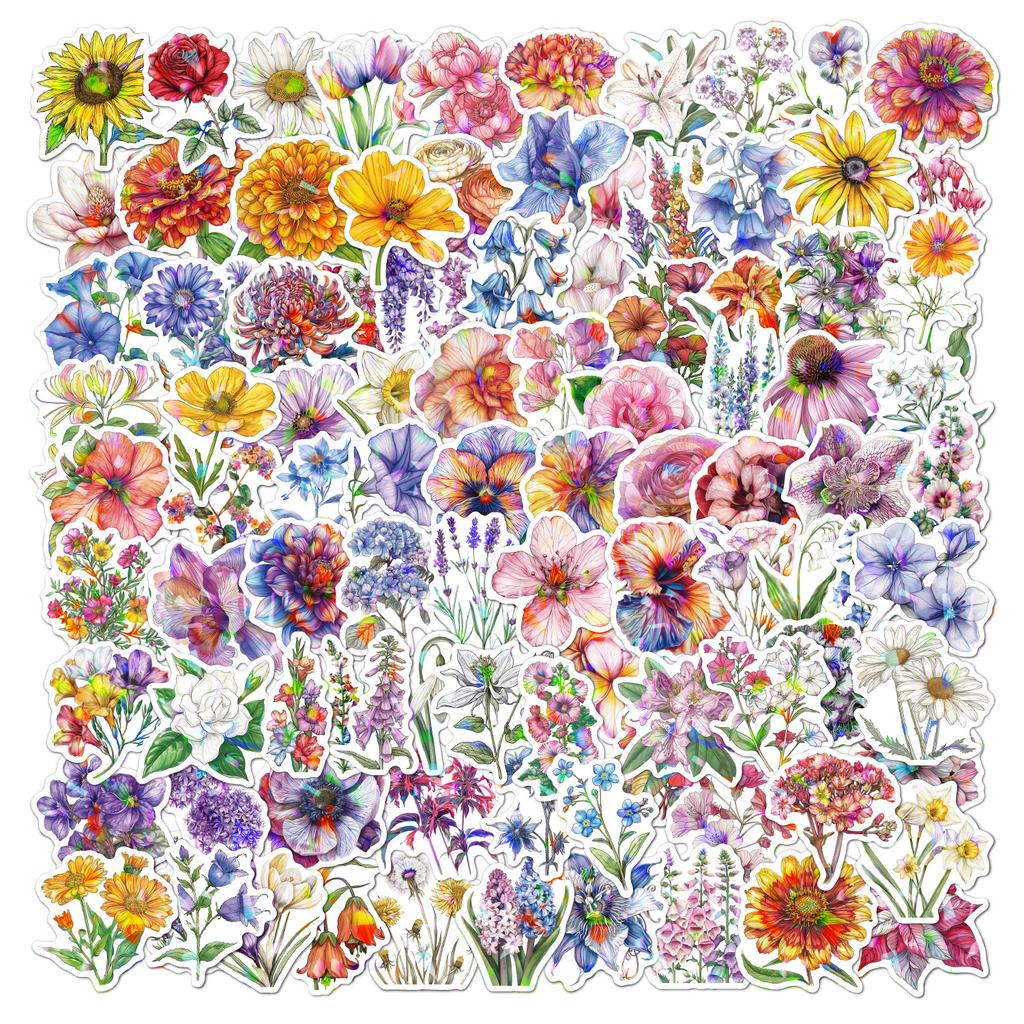 Laser Sparkle Floral Stickers Waterproof Vinyl for Phone Case Laptop Suitcase Stationery Decals Bulk Wholesale