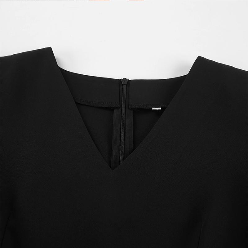 Dámské šaty s výstřihem do V, jednobarevné, s výřezy, s dlouhým rukávem, áčkového střihu, na zip, kancelářské šaty