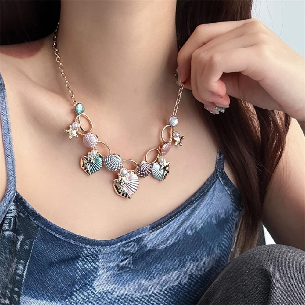 Zinc Zinc Zinc Alloy Shell Pendant Necklace Pearl Choker Necklace Fashion Clavicle Chain Women  Girls