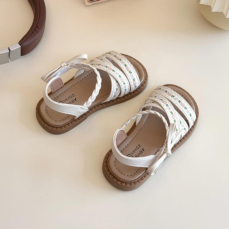 New Summer Korean-style Girls Sandals, Bow Soft Sole Pastoral Floral Princess Sandals for Little Girls 21 бежевый