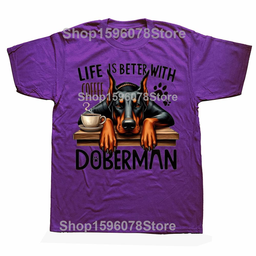 

Горячая Жизнь Лучше с Кофе Графические Футболки с Коротким Рукавом с Изображением Собаки Добермана для Мужчин и Женщин Свободная Футболка Повседневные Летние Футболки 4XL