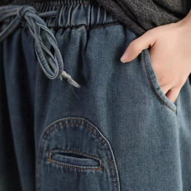 Pantaloni Harem din Denim pentru Femei Plus Size, Pantaloni Largi Tip Felinar, Elastici, Stil Ridiche, cu Buzunare Mari, Casual, Lungime Lungă