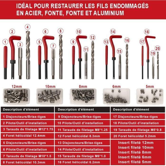 FOURROBBER 131 Pièces Kit De Réparation De Filetage,131 Pcs Kit Filet Insertion De Fil Foret Gaines Métrique Helicoil Inserts M5,