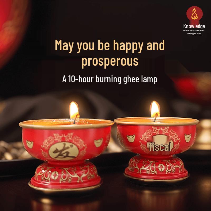 Fuwang Smokeless Ghee Candles - Festive Metal Holders for Chinese New Year & Buddhist Offerings Red 2 Candles