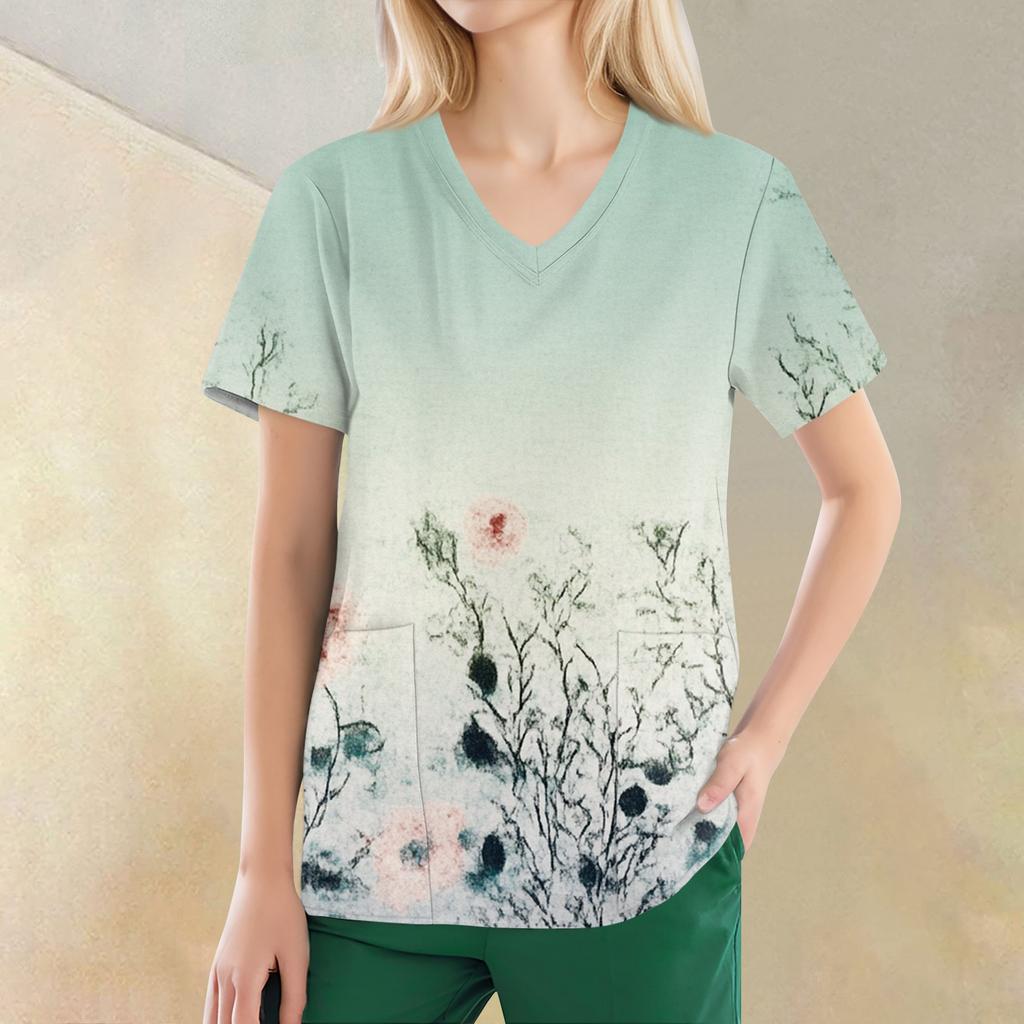Women's V-neck Fashion Casual Printed Tops And Protective Workwear