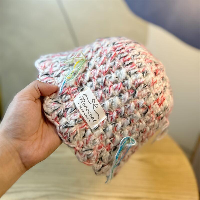 New Colorful Knitted Pullover Hat Women's Autumn and Winter Japanese Sweet and Versatile Bow Warm Woolen Hat