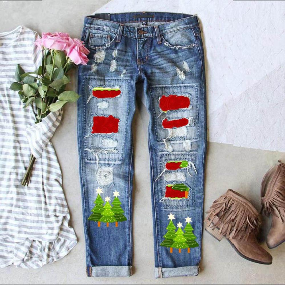 Women's Mid Rise Distressed Jeans Straight Leg Jeans Christmas Snowflake Patch Print Non Stretch Cotton Winter Street Printed Long Denim Pants