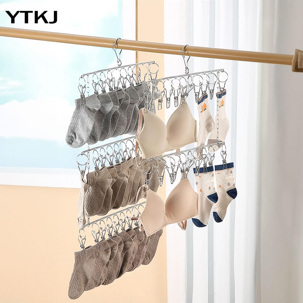 YTKJ 30 Clips Foldable Chain Hanger 3 Tier Stainless Steel Drying Rack Windproof Hook for Socks Underwear Ties Slim Vertical Space Saving Laundry