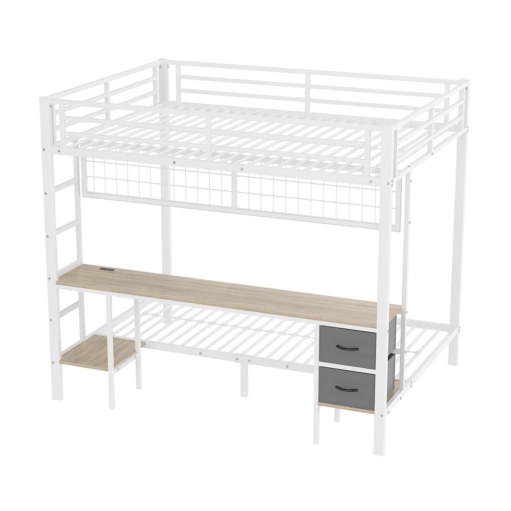 Bunk Bed 90x200 & 140x200 Cm LED Lighting USB Ports Drawers Shelves Hanging Shelves Metal Frame White (without Mattress)