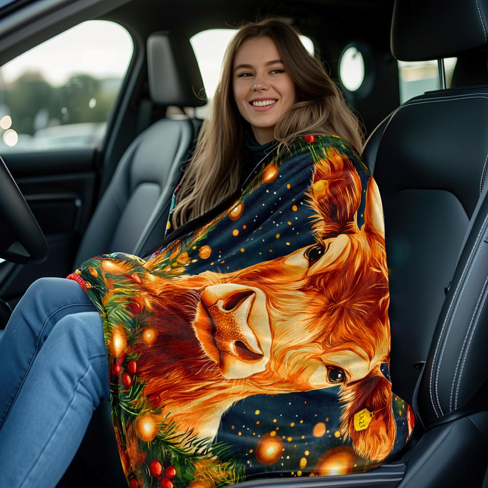 Christmas Cow Holiday Decoration Fleece Blanket Festive Ornaments Lights Tree Xmas Gift for Family Home Decor Winter Warm Throw