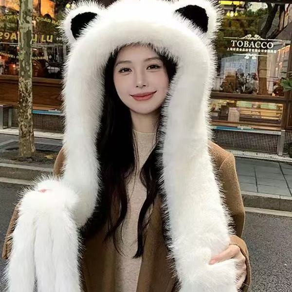 

Зимняя теплая шапка-шарф с двойным плюшем, утолщенная, с имитацией лисьих ушек, интегрированная защита ушей от холода, шапка для снега one size 54-59cm