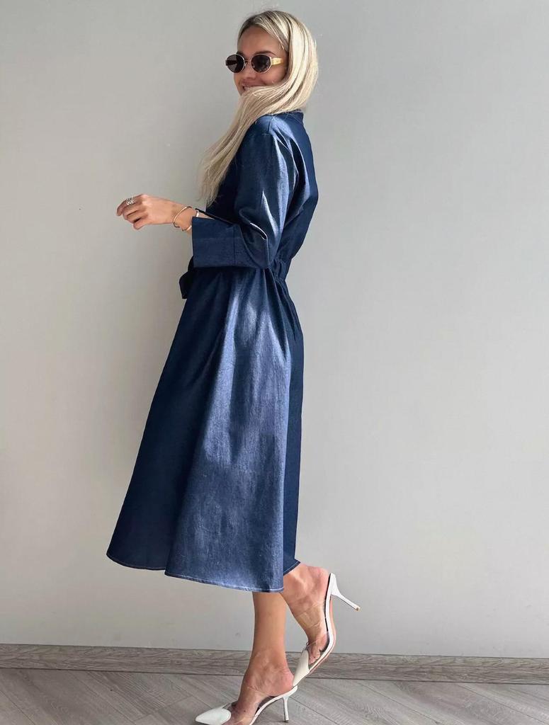Seven-Sleeve Stretch Denim Maxi Dress with Stand-Up Collar and Hidden Buttons - Autumn 2025 Women's Wear