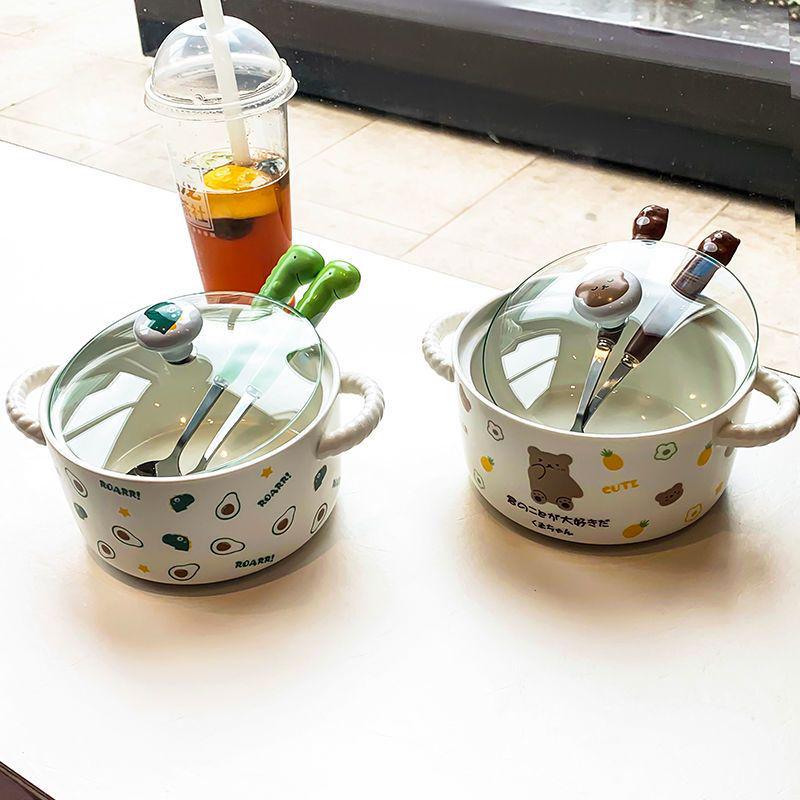 Korean Style Cute Heart Ceramic Noodle Bowl with Lid for Dorm or Bedroom Microwave Use