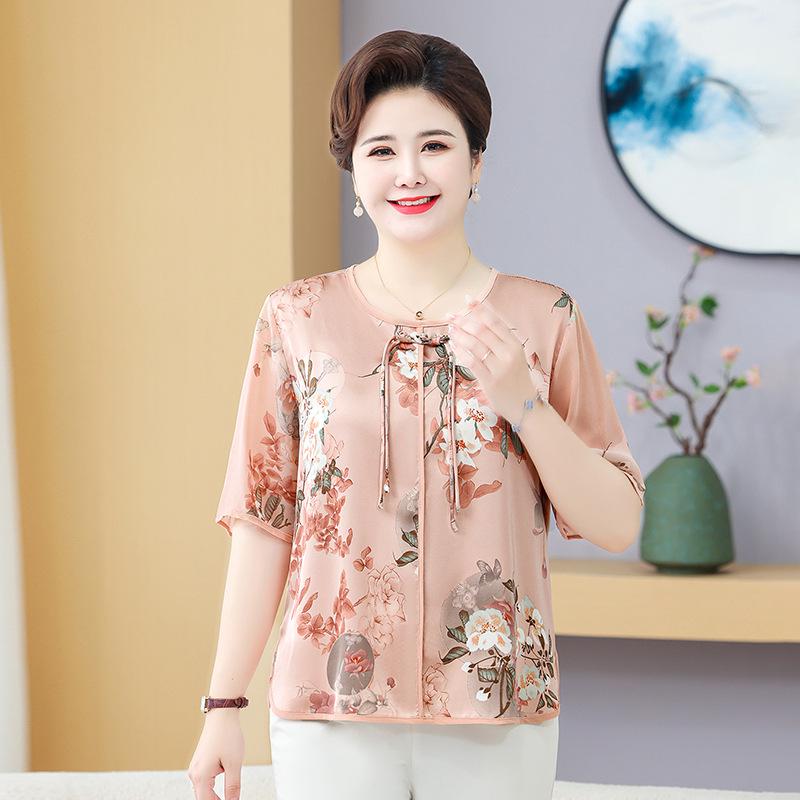 Elegant Summer Chiffon Top & Pants Set for Middle-Aged Women - Chinese Style