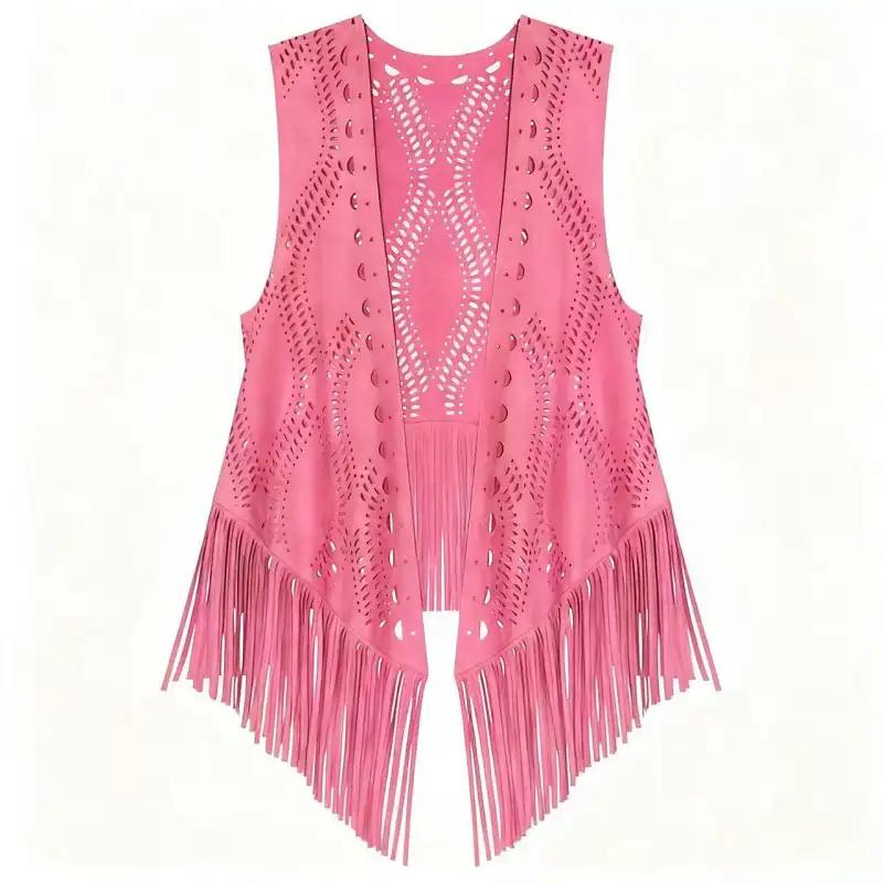 

Western Cowboy Wandering Style Suede Tassel Hollowed Out Thin Style Camisole for Travel Paired with a Small Vest Women s ToP S червоний