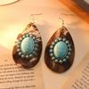 Exaggerated Metal Water Droplets Inlaid Turquoise Glass Earrings Leopard Exaggerated Personality Earrings Bohemian Retro Earrings