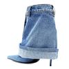 Fashion Blue Denim Slim Heel Cuffed Short Boots Rivet Pocket Design Pointed Toe Metal Buckle High Heel Fashion Large Size 45 Women Boots