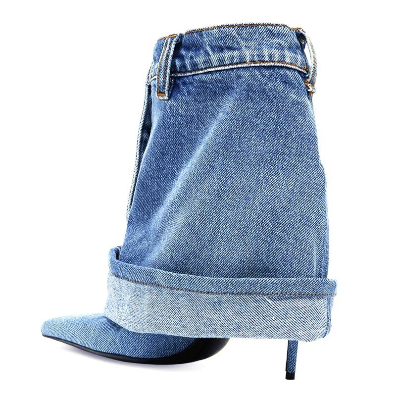 Fashion Blue Denim Slim Heel Cuffed Short Boots Rivet Pocket Design Pointed Toe Metal Buckle High Heel Fashion Large Size 45 Women Boots
