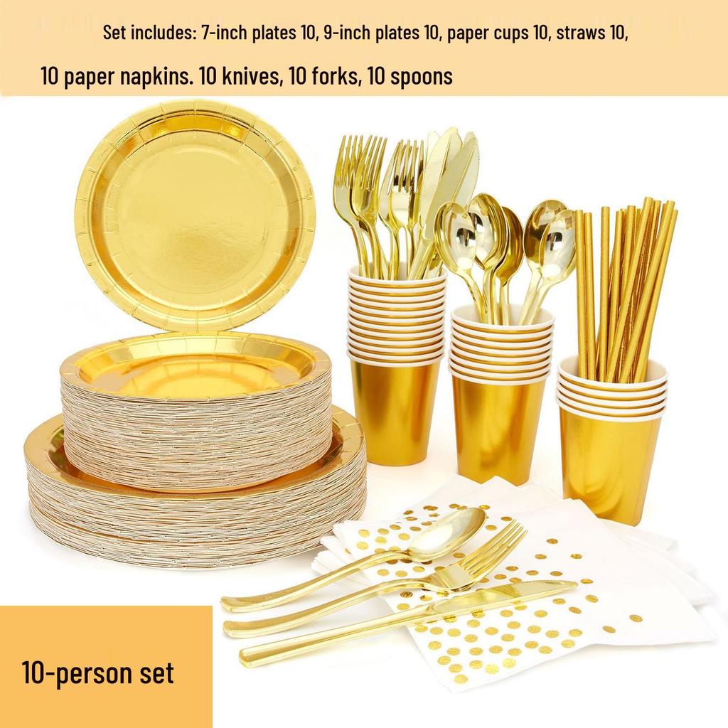 Gold Party Tableware Set: Rose Gold Plates, Cups, Straws, and Cake Dishes