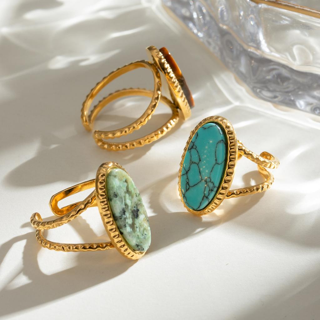 Bohemian Oval Turquoise Tiger Eye Adjustable Open Ring for Women Stainless Steel Gold Plated Finger Jewelry Gift Waterproof