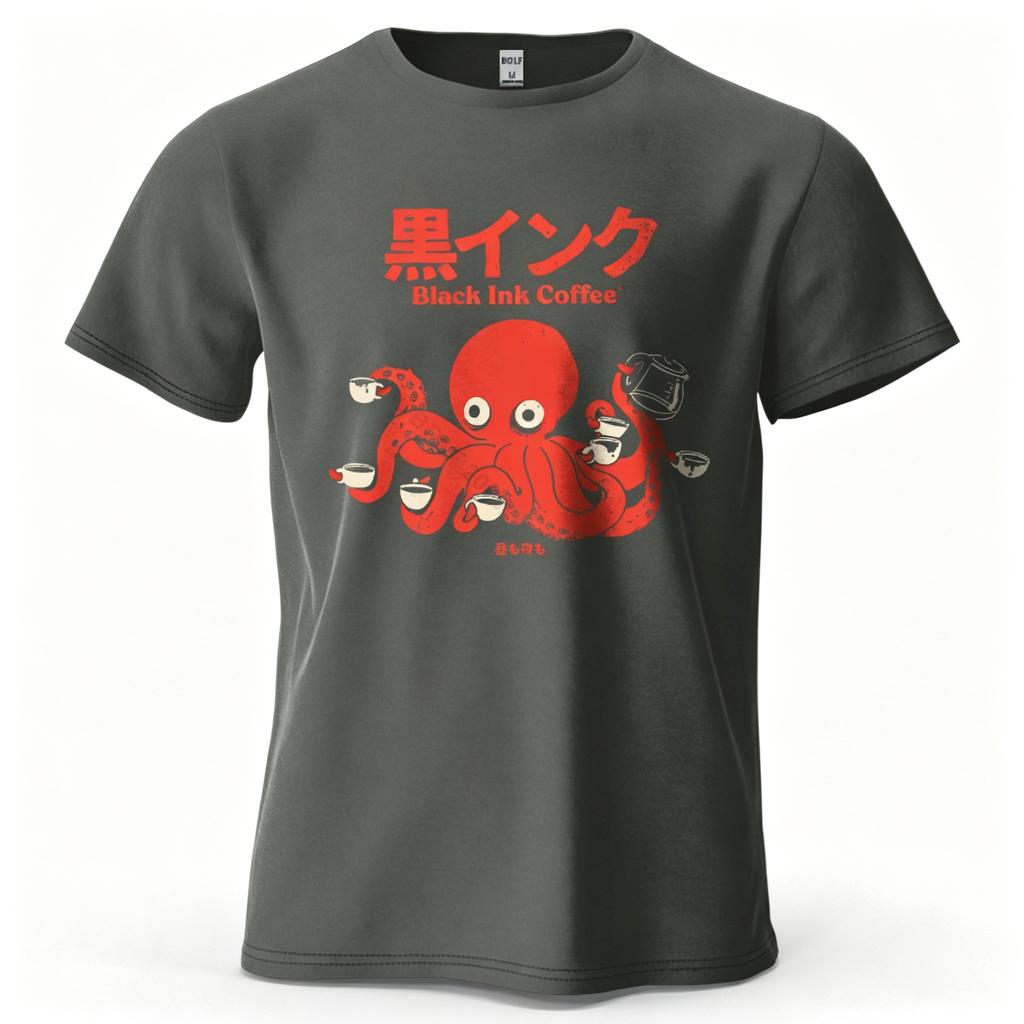 Unisex Octopus Coffee Black Ink Coffee Japanese Text Graphic Tshirt Casual Crew Neck Short Sleeve Loose Cotton Streetwear