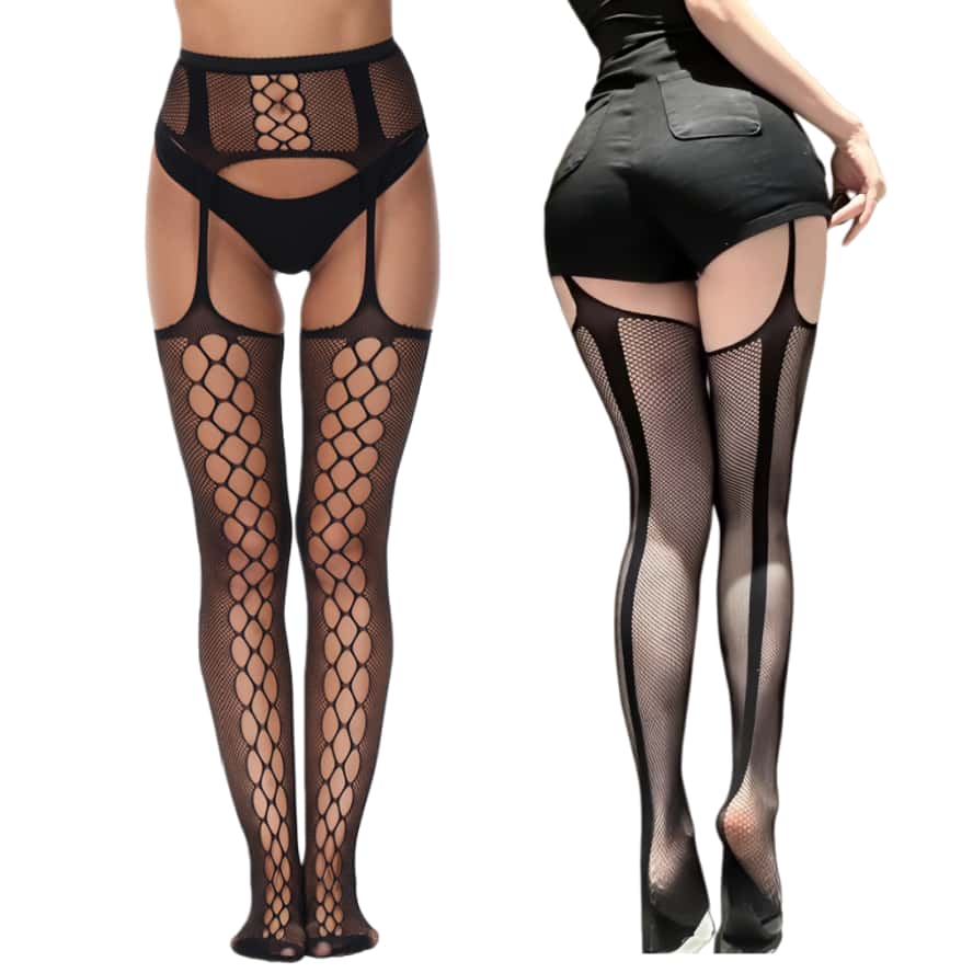 Freeauce Woman Plus Size Fishnets Open Crotchless Pantyhose Knee Thigh High Lace Sexy Stockings With Garter Belt Tights 5Xxxxxl