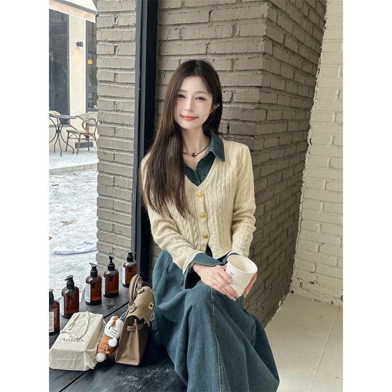 Dámská elegantní džínová patchworková souprava: Pletený top s dlouhým rukávem a midi sukně s vysokým pasem