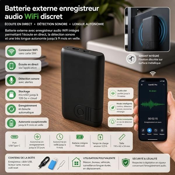 Discreet WiFi audio recorder external battery