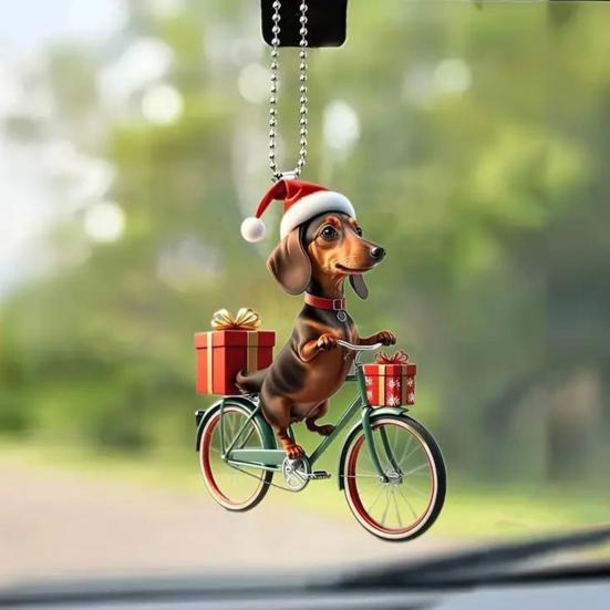 Christmas Ornament Funny Bicycle Dog Pendant Acrylic 2D Cartoon Animal Hanging Decoration for Xmas Tree Home Car Decor