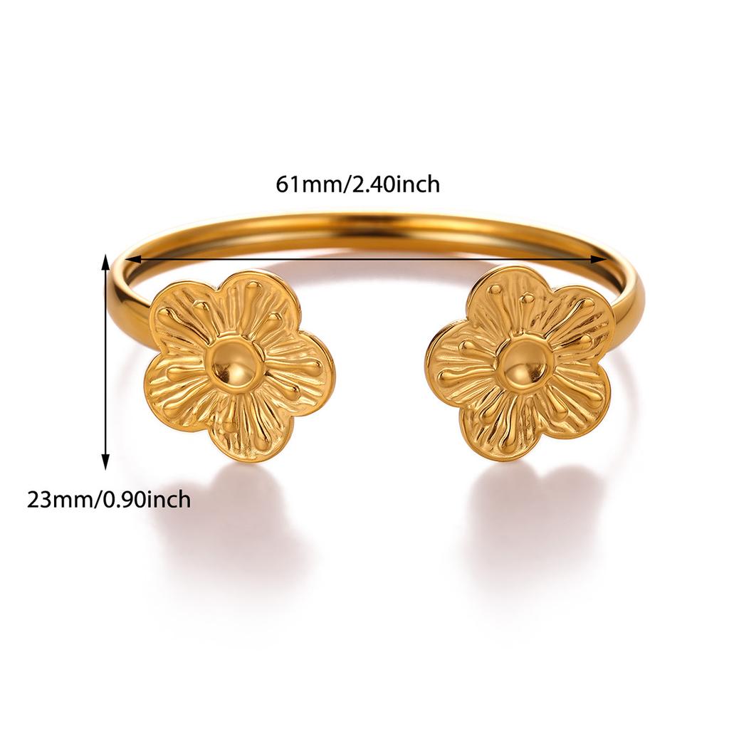2026 Elegantes Armreif-Armband für Damen Doppelblumen Mode-Armreifen Goldfarbe Edelstahl Schmuck Sommer Wasserdicht Ihr Geschenk