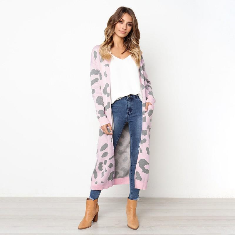 Womens Oversized Leopard Print Knit Cardigan Long Sleeve V-Neck Loose Fit Sweater Winter