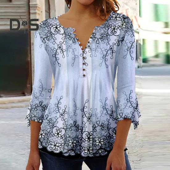 Women Spring Autumn V Neck Buttons Half Placket Blouse 3/4 Sleeves Loose Hem 3D Flower Print Pullover T Shirt Top Streetwear