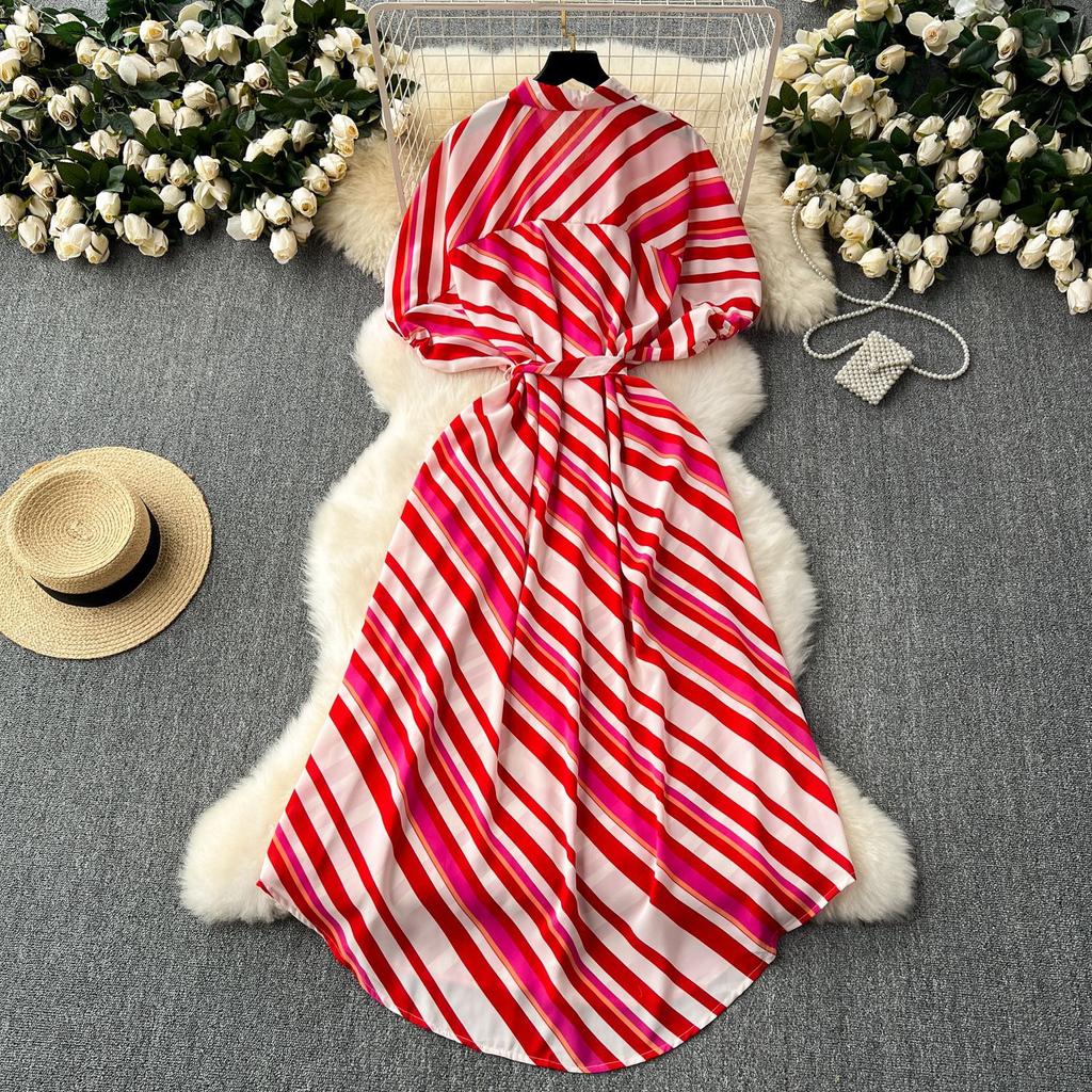 Women's Summer Waisted Tied Single Breasted Striped Shirt Long Dresses
