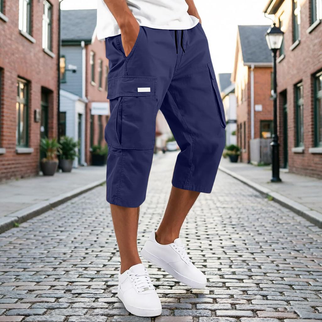 Men’s Drawstring Waist Multi Pocket Cargo Capri Pants Relaxed Fit Seven Quarter Length Casual Trousers for Everyday Wear