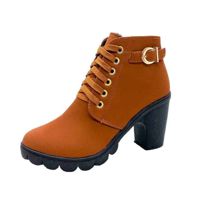Fashion Women Boots Lace Up Ankle Boots Spring Fashion Outdoor Pumps Boots Black Buckle High Heel Boot Plus Size Platform Women Shoes