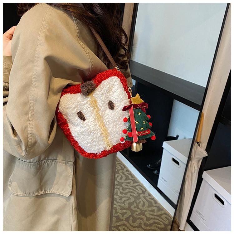 Christmas Sheep Plush Apple Tote Bag For Girls With Zipper Closure And Card Pocket