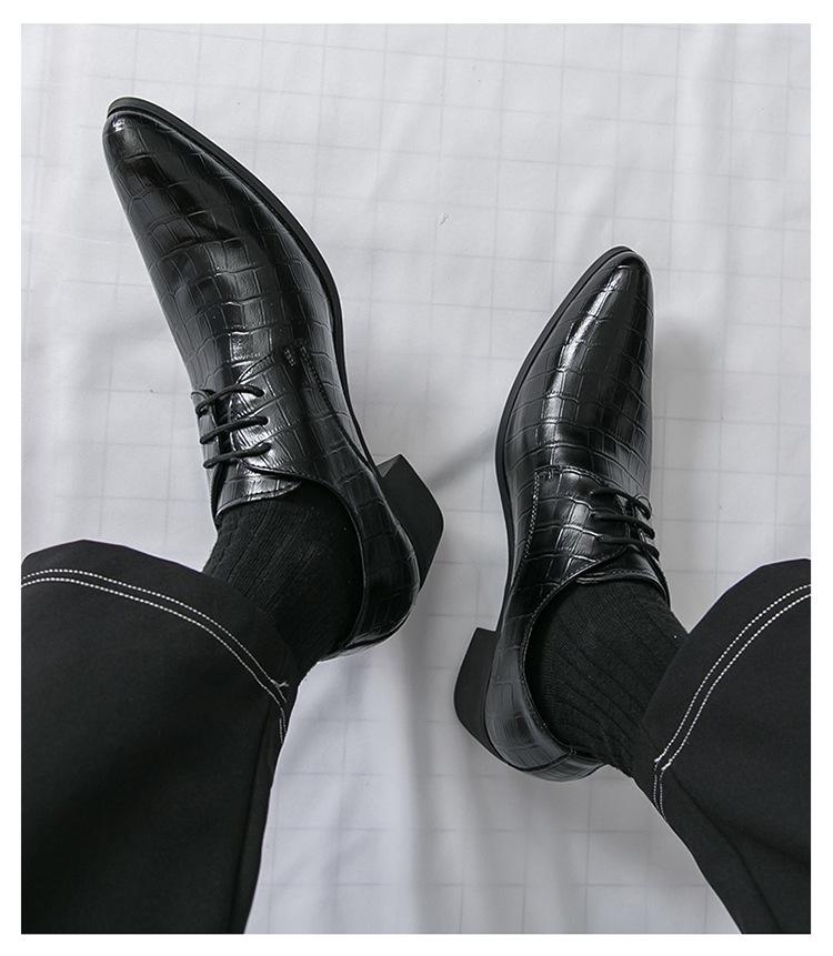 Men's Embossed Pointed Toe Leather Shoes - Height Increasing, Lace-up, Casual & Formal, Spring/Autumn.