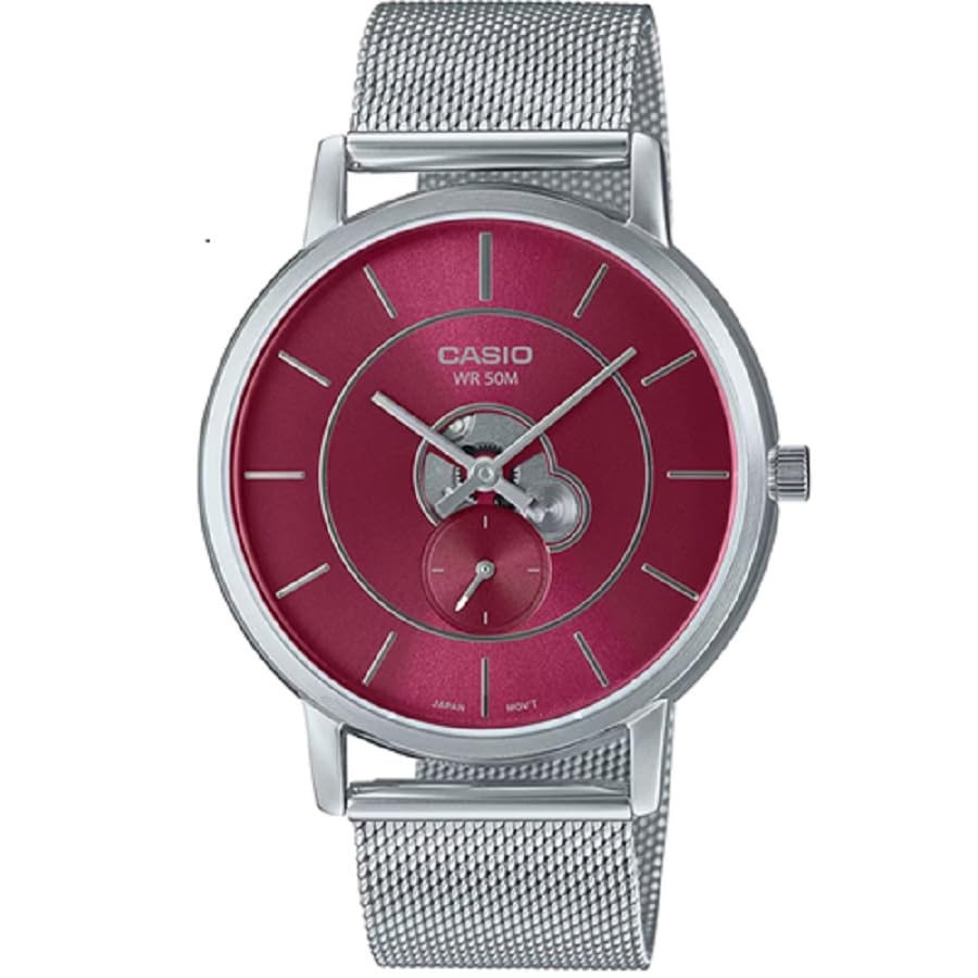 Casio analog metallic watch, silver/red, bracelet.