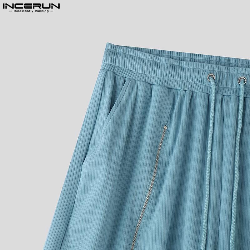 INCERUN Men Drawstring Elastic Waist Side Zip-up Casual Rib Shorts Pants Home Wear