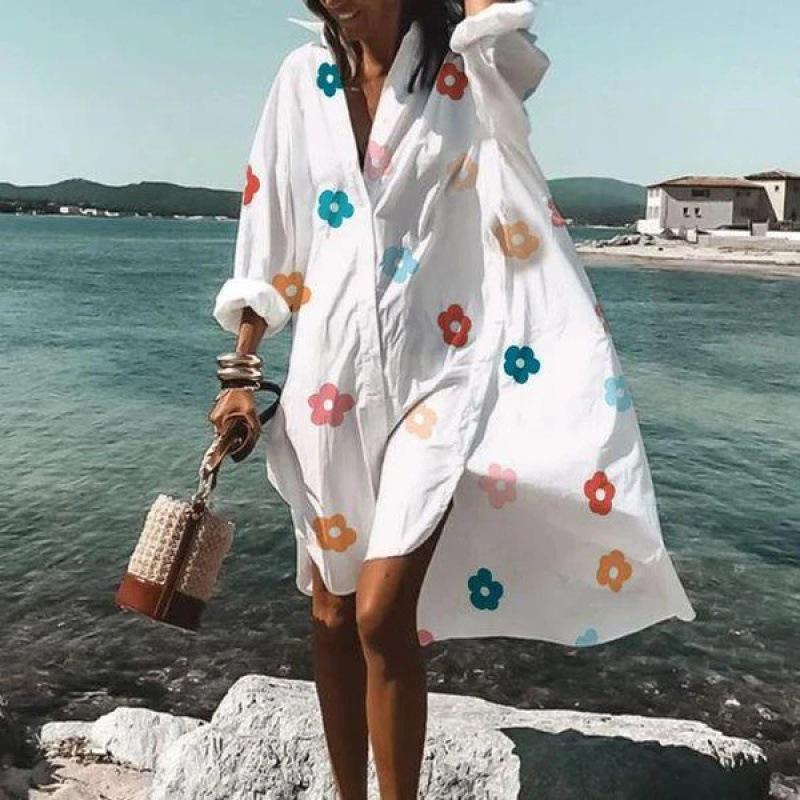 European & American 3D Print Hawaiian Beach Long-Sleeve Casual Shirt Dress XL