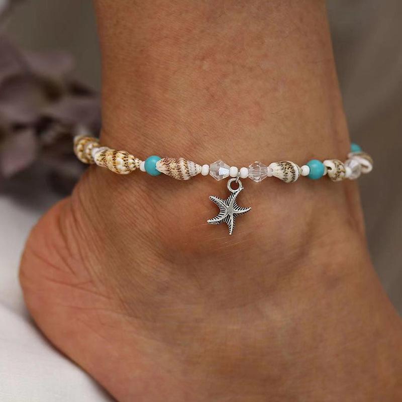 Fashion beach wind turtle starfish bracelet female bohemian beaded scallop pearl turquoise children's anklet