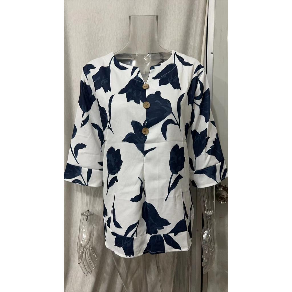 Women's V Neck Half Sleeve Straight Fit Floral Print Cotton Linen Blouse Casual Top