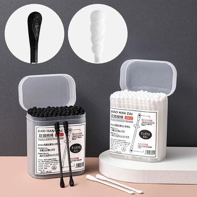 100Pcs/Box 2-In-1 Ear Digging Spoon Double Ended Cotton Stick Spiral Ear Cleaner Disposable Cleaning Black And White Cotton Swab