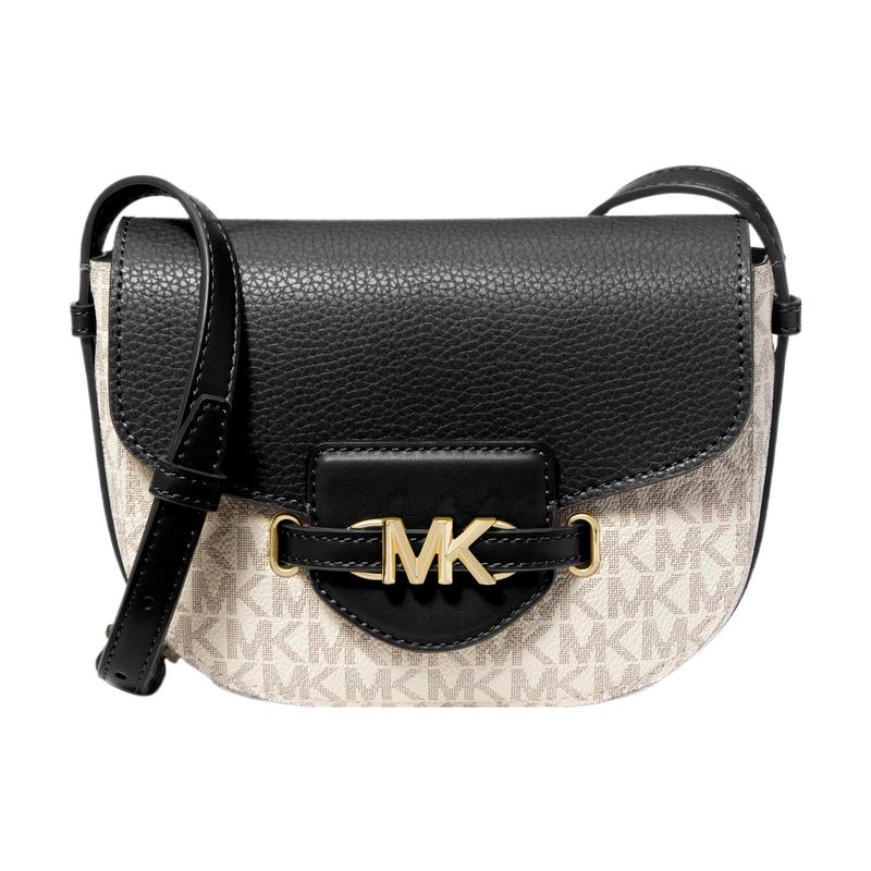 MICHAEL KORS crossbody bag Reed magnetic flap color matching classic presbyopia canvas with leather saddle shoulder small size vanilla white/black чёрный