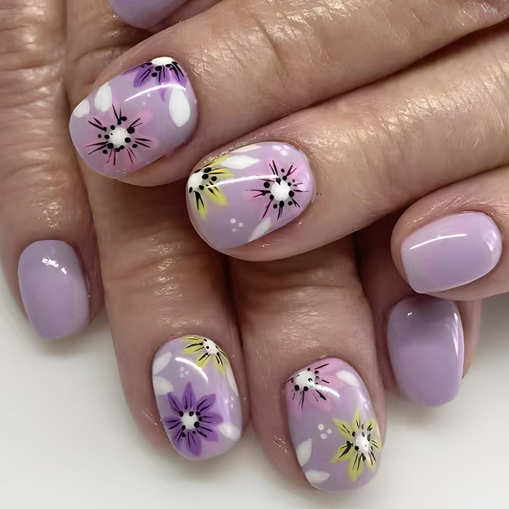 24 Pieces Press On Nail Short Square False Nail Purple Floral French Tips Full Cover Manicure Designs for Women