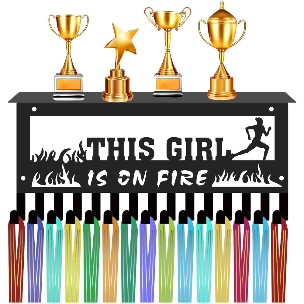 Swimming Medal Hanger Display with Shelf, Trophy Medal Holder Rack Iron Wall Mount Decor Metal Organizer for Hanging Medals Swimmer 11.8 X 5.1 Inch