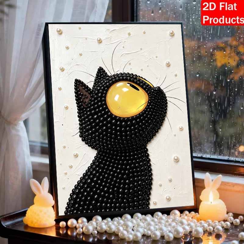 Framed Pearl Painting Kit Cute Black Cat Design 3D Shiny Bead Art Canvas for Bedroom Living Room Decoration