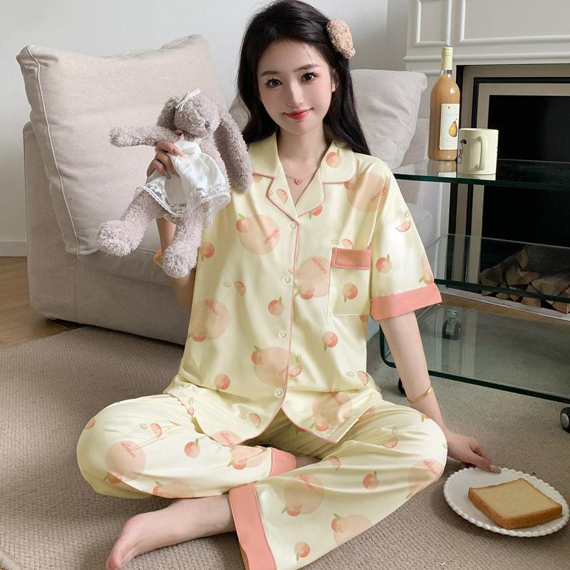Contrasting color imitation cotton pajamas women's summer short-sleeved trousers small floral large-size loungewear medium mother suit