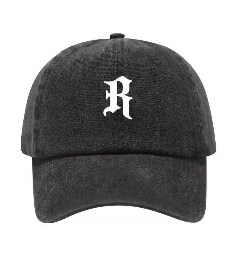 Letter R Printed Washed Cotton Adjustable Baseball Cap Classic Snapback Dad Hat Breathable Golf Fishing Outdoor Sun Cap