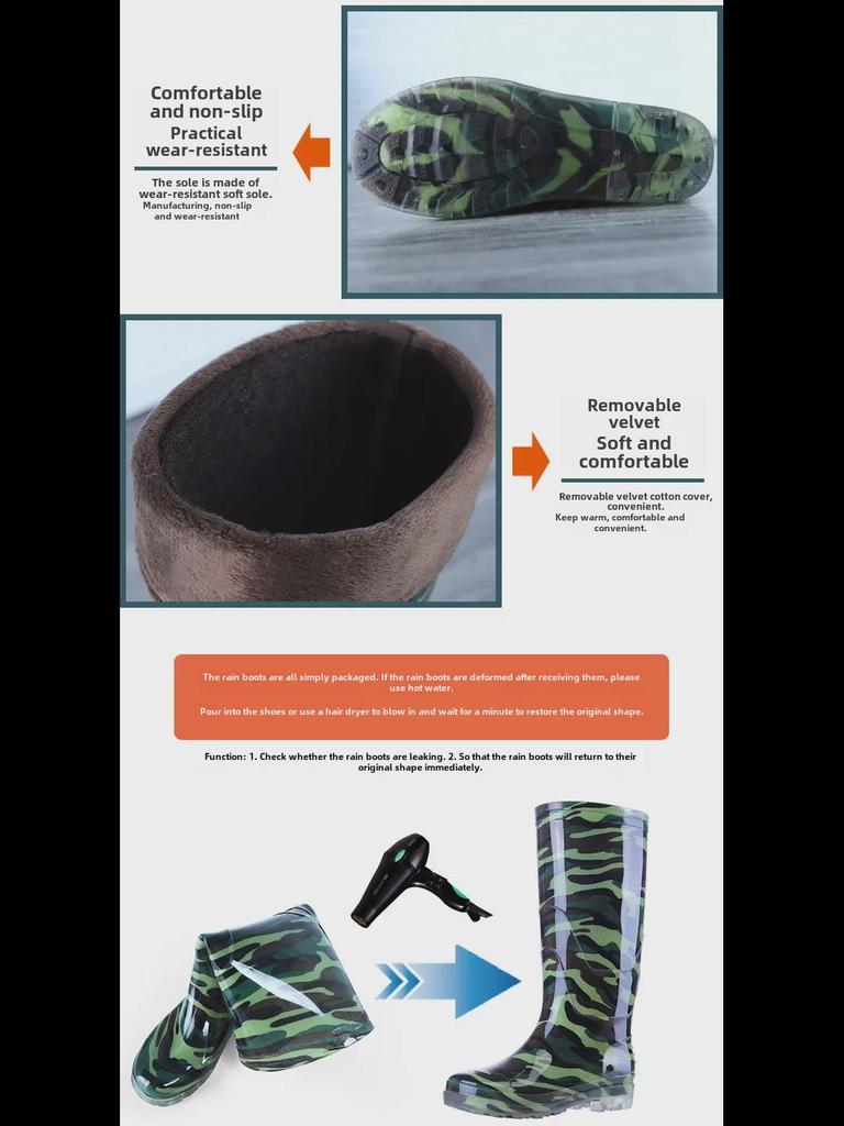 Men's Camouflage Waterproof Rain Boots with Velvet Lining - High/Mid/Short-Top Rubber Shoes for Construction, Kitchen, and Fishing